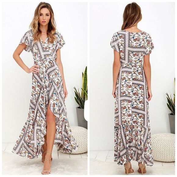 Lulus Playing Fleur Keeps Ivory Floral Bohemian Print Wrap Maxi Dress Sz. Small - Picture 2 of 16